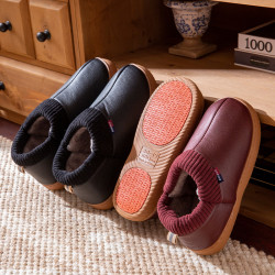 老人防滑棉鞋女冬季加絨保暖居家皮面防水中老年爸媽棉拖鞋包跟男