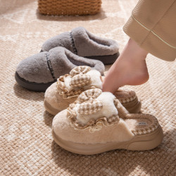 可愛蝴蝶結棉拖鞋女秋冬季2025新款室內家居保暖加絨厚底毛毛拖鞋