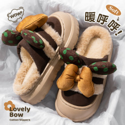 可愛蝴蝶結棉拖鞋女款外穿2025秋冬新款居家防滑加絨厚底毛毛棉鞋