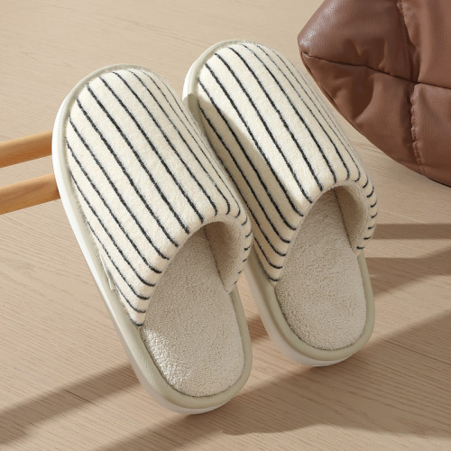 條紋棉拖鞋女秋冬季家居室內毛絨保暖情侶家用軟底防滑棉拖男