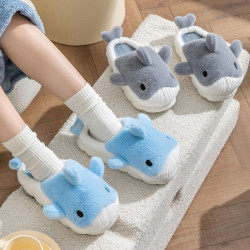可愛鯨魚兒童棉拖鞋女童冬季室內加絨保暖厚底防滑親子毛毛拖鞋男