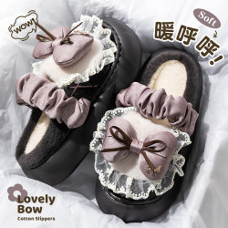歐式蝴蝶結棉拖鞋女款2025新款秋冬季室內家居可愛毛毛絨棉拖女士
