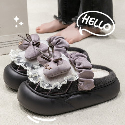 蝴蝶結棉拖鞋女款秋冬季外穿加絨保暖室內家居防滑毛毛拖棉拖女款