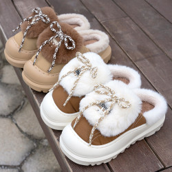 新款冬款厚底毛絨棉拖鞋女可愛系帶保暖加絨防滑外穿居家情侶棉鞋