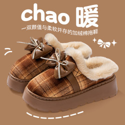 蝴蝶結棉拖鞋女時尚外穿5新冬季室內家居厚底保暖半包跟棉拖
