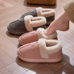 PU防水棉鞋女士冬季家用室內厚底加絨中老年保暖外穿包跟棉拖鞋男
