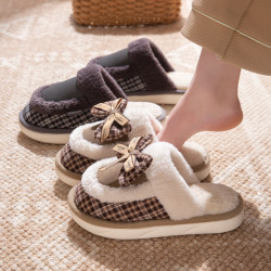 可愛蝴蝶結棉拖鞋女秋冬季新款家居保暖防滑室內厚底毛毛拖鞋男士