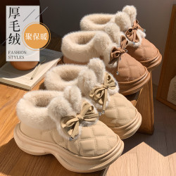 冬季厚毛絨棉鞋蝴蝶結裝飾保暖加絨厚底居家鞋