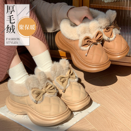 冬季厚毛絨棉鞋蝴蝶結裝飾保暖加絨厚底居家鞋 冬季厚毛絨棉鞋蝴蝶結裝飾保暖加絨厚底居家鞋
