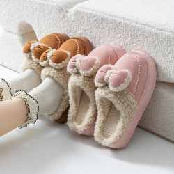 2025蝴蝶結新款棉拖鞋女時尚情侶厚底加絨保暖秋冬季地板棉拖跨