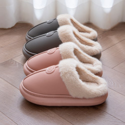 棉拖鞋女士秋冬季防水PU皮情侶室內家用防滑加厚底保暖毛絨拖鞋男