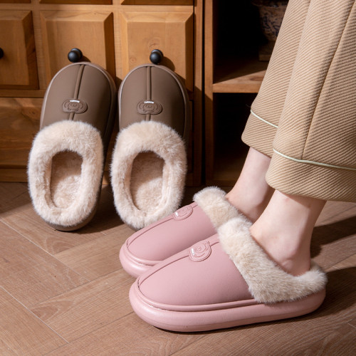 棉拖鞋女士秋冬季防水PU皮情侶室內家用防滑加厚底保暖毛絨拖鞋男 棉拖鞋女士秋冬季防水PU皮情侶室內家用防滑加厚底保暖毛絨拖鞋男