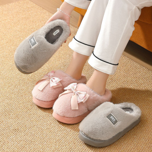 蝴蝶結棉拖鞋女士秋冬季家居室內情侶家用防滑毛絨保暖棉拖男