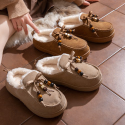 厚底系帶串珠勃肯棉拖鞋女冬季外穿保暖加絨一腳蹬穆勒包頭半拖鞋