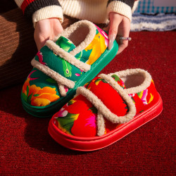 魔術貼包跟棉拖鞋女士冬季厚底棉靴網紅東北大花保暖加絨棉鞋外穿