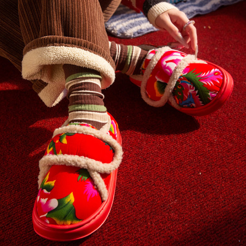 魔術貼包跟棉拖鞋女士冬季厚底棉靴網紅東北大花保暖加絨棉鞋外穿