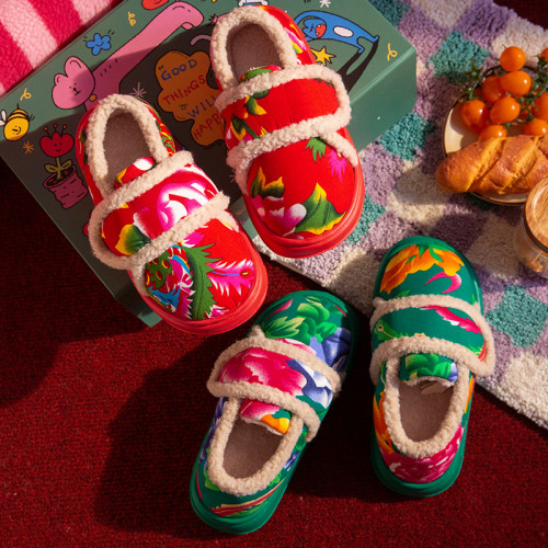 魔術貼包跟棉拖鞋女士冬季厚底棉靴網紅東北大花保暖加絨棉鞋外穿