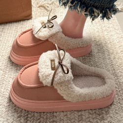 可愛蝴蝶結棉拖鞋女冬季新款外穿加絨厚底防滑居家保暖毛毛拖鞋女