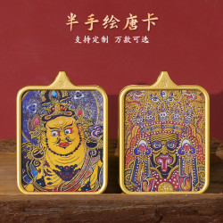 半手繪唐卡藏式紥基拉姆九尾狐五爺鈦鋼描金彿牌前世今生唐卡吊墜