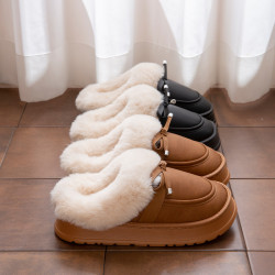 毛毛拖鞋女款冬季室內居家時尚蝴蝶結加絨保暖防滑PU皮防水棉拖鞋