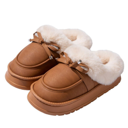 毛毛拖鞋女款冬季室內居家時尚蝴蝶結加絨保暖防滑PU皮防水棉拖鞋