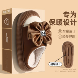 女士蝴蝶結棉拖鞋秋冬季厚底防滑家居室內家用毛絨保暖棉拖女