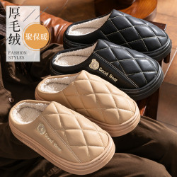 新款pu皮防水老年保暖防滑棉拖鞋厚底防滑eva卡通小熊情侶棉鞋