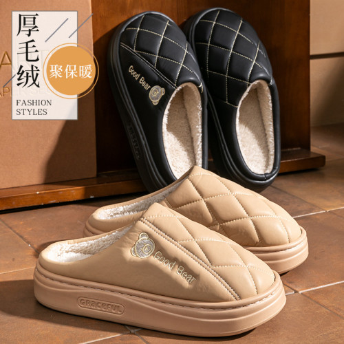 新款pu皮防水老年保暖防滑棉拖鞋厚底防滑eva卡通小熊情侶棉鞋 新款pu皮防水老年保暖防滑棉拖鞋厚底防滑eva卡通小熊情侶棉鞋