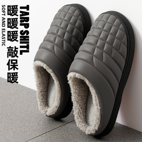 防滑棉拖鞋男秋冬季PU防水中老年家居室內軟底毛絨保暖棉拖女