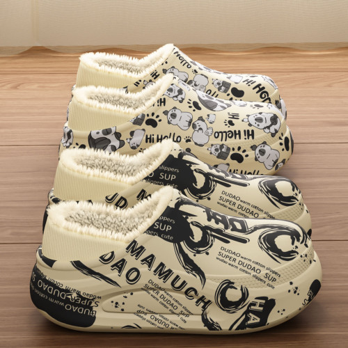 新款冬季潮酷塗鴉暴力熊棉拖鞋加絨保暖居家室內防滑厚底個性棉鞋