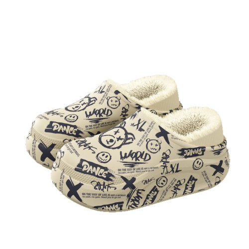 新款冬季潮酷塗鴉暴力熊棉拖鞋加絨保暖居家室內防滑厚底個性棉鞋