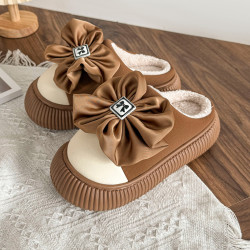 女士蝴蝶結棉拖鞋秋冬季厚底防滑家居室內家用毛絨保暖棉拖女