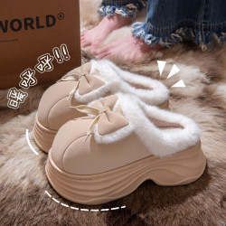 可愛蝴蝶結棉拖鞋女款秋冬季室內家居防滑保暖增高厚底棉拖女外穿