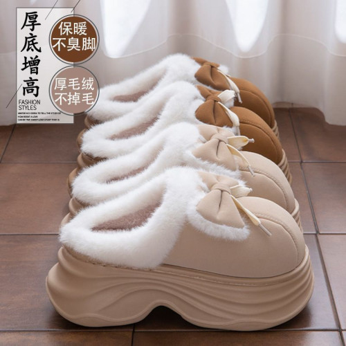 可愛蝴蝶結棉拖鞋女款秋冬季室內家居防滑保暖增高厚底棉拖女外穿