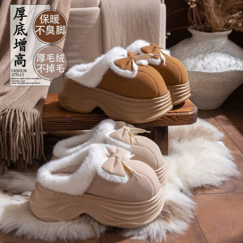 可愛蝴蝶結棉拖鞋女款秋冬季室內家居防滑保暖增高厚底棉拖女外穿