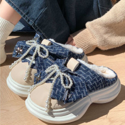 小衆設計感蝴蝶結珍珠牛仔棉拖鞋女冬加絨保暖厚底防滑居家拖鞋