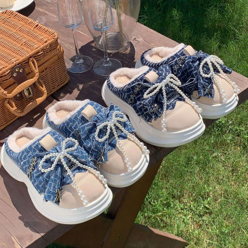 小衆設計感蝴蝶結珍珠牛仔棉拖鞋女冬加絨保暖厚底防滑居家拖鞋