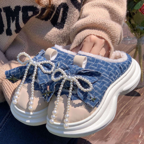 小衆設計感蝴蝶結珍珠牛仔棉拖鞋女冬加絨保暖厚底防滑居家拖鞋