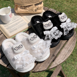 新款卡通保暖居家棉拖鞋蕾絲蝴蝶結冬季防滑輕盈柔軟毛絨情侶棉鞋