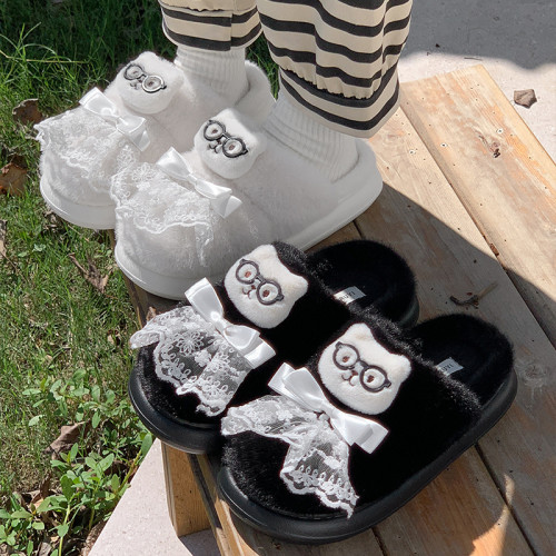 新款卡通保暖居家棉拖鞋蕾絲蝴蝶結冬季防滑輕盈柔軟毛絨情侶棉鞋