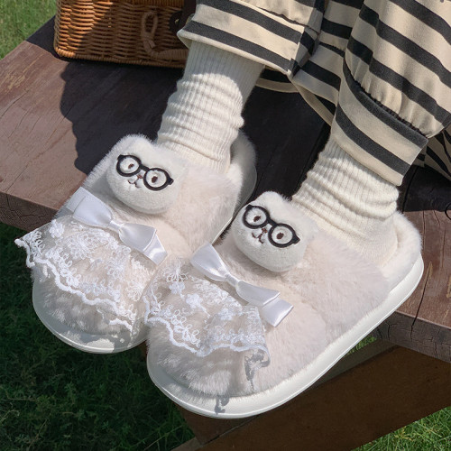 新款卡通保暖居家棉拖鞋蕾絲蝴蝶結冬季防滑輕盈柔軟毛絨情侶棉鞋