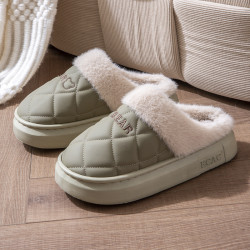 2025新款pu防水棉拖鞋女士情侶居家用加絨保暖厚底防滑棉拖男秋冬