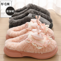 女士蝴蝶結棉拖鞋秋冬季家居室內毛絨保暖情侶家用防滑棉拖男
