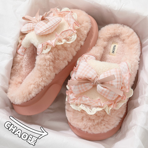 女士蝴蝶結棉拖鞋秋冬季家居室內毛絨保暖情侶家用防滑棉拖男 女士蝴蝶結棉拖鞋秋冬季家居室內毛絨保暖情侶家用防滑棉拖男