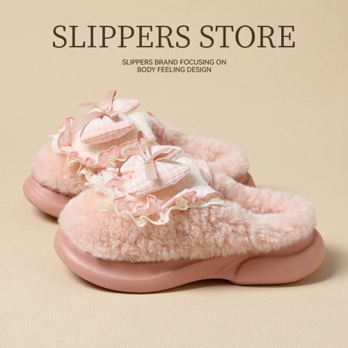女士蝴蝶結棉拖鞋秋冬季家居室內毛絨保暖情侶家用防滑棉拖男 女士蝴蝶結棉拖鞋秋冬季家居室內毛絨保暖情侶家用防滑棉拖男