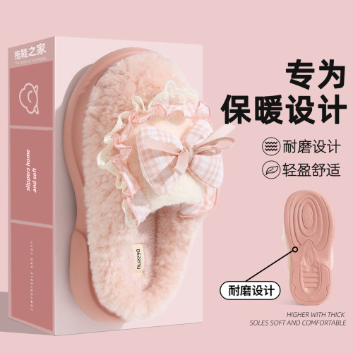 女士蝴蝶結棉拖鞋秋冬季家居室內毛絨保暖情侶家用防滑棉拖男 女士蝴蝶結棉拖鞋秋冬季家居室內毛絨保暖情侶家用防滑棉拖男
