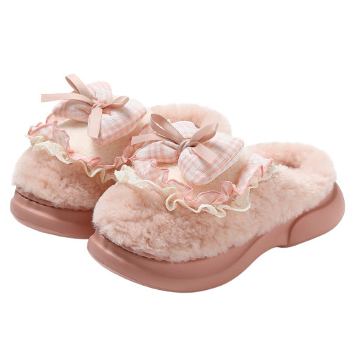 女士蝴蝶結棉拖鞋秋冬季家居室內毛絨保暖情侶家用防滑棉拖男 女士蝴蝶結棉拖鞋秋冬季家居室內毛絨保暖情侶家用防滑棉拖男