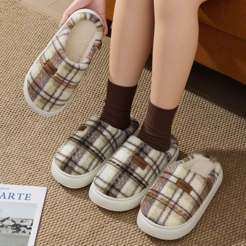 條紋包頭棉拖鞋女家居舒適保暖毛絨冬季室內軟底耐磨棉拖男士