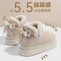 棉拖鞋女士秋冬季2025新款室內家居防水厚底蝴蝶結加絨保暖拖鞋女