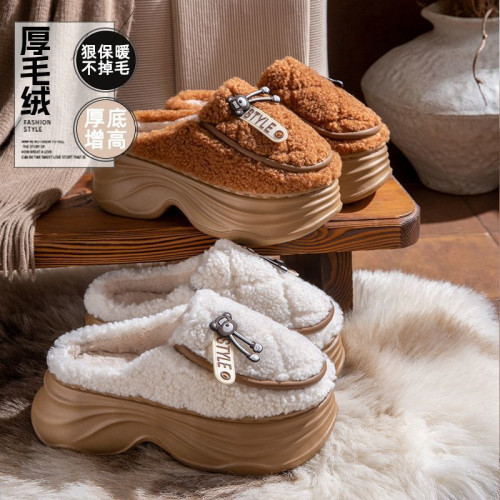 厚底增高棉拖鞋女秋冬季新款室內防滑保暖加絨毛毛拖鞋女可外穿冬